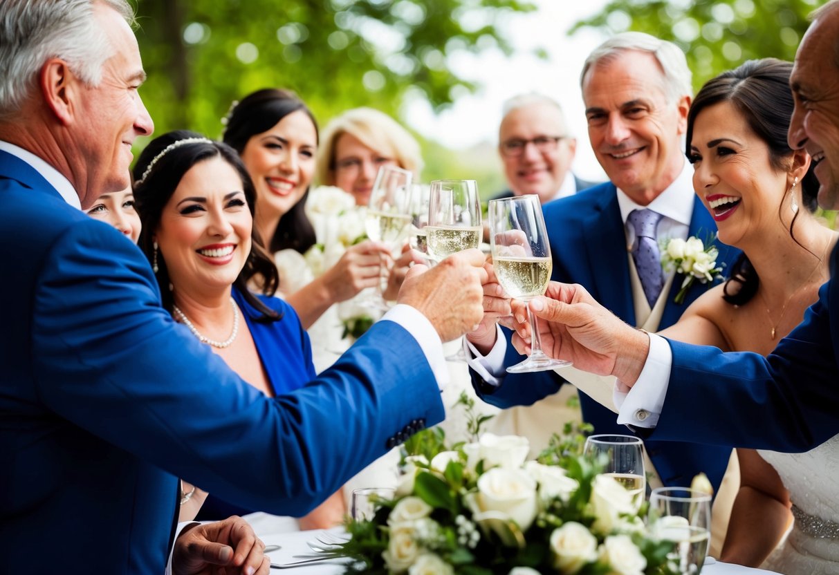 The father of the bride raises a glass in a toast, surrounded by smiling family and friends
