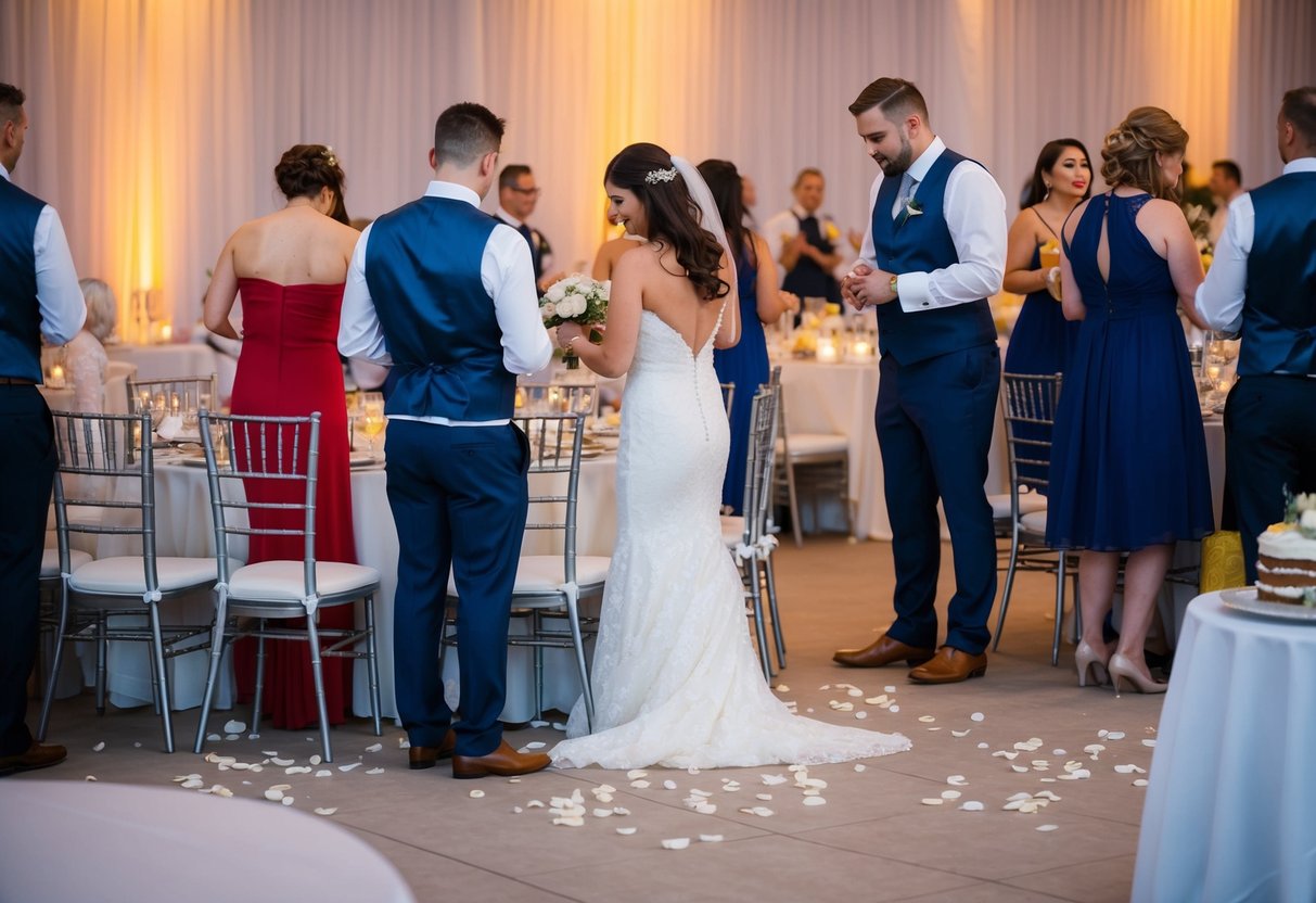 Guests departing wedding reception early. Empty chairs, half-eaten cake, and scattered decorations. Hosts looking disappointed as the party winds down