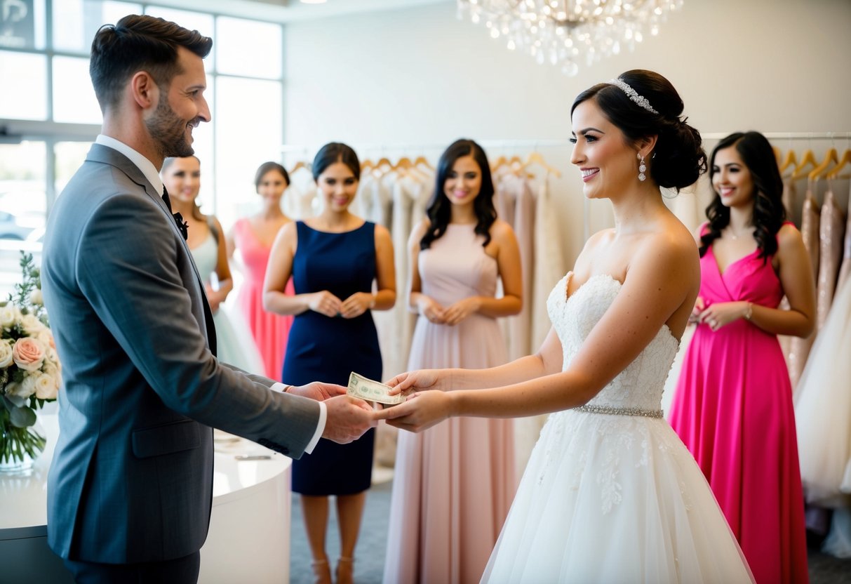 A bride hands over money to a salesperson at a bridal boutique, while her bridesmaids try on dresses nearby