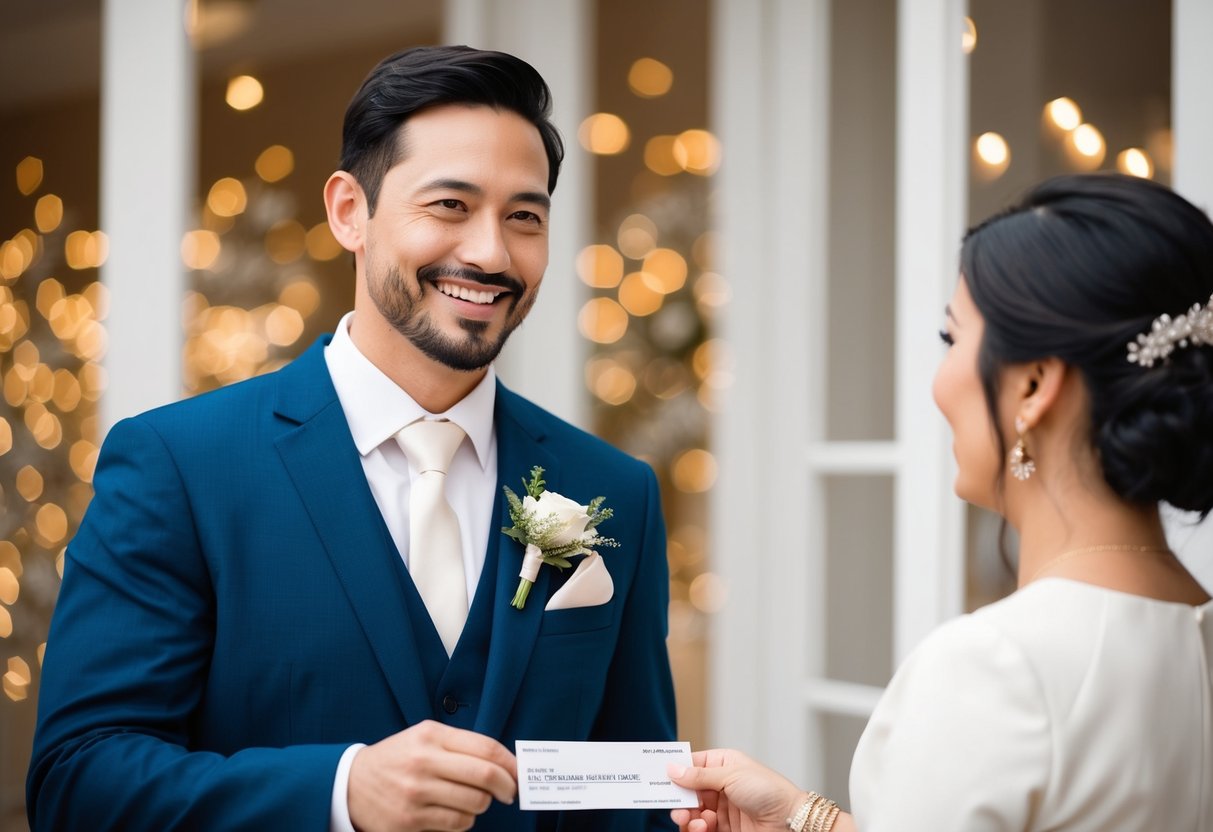 A man presents a check to a wedding planner with a smile