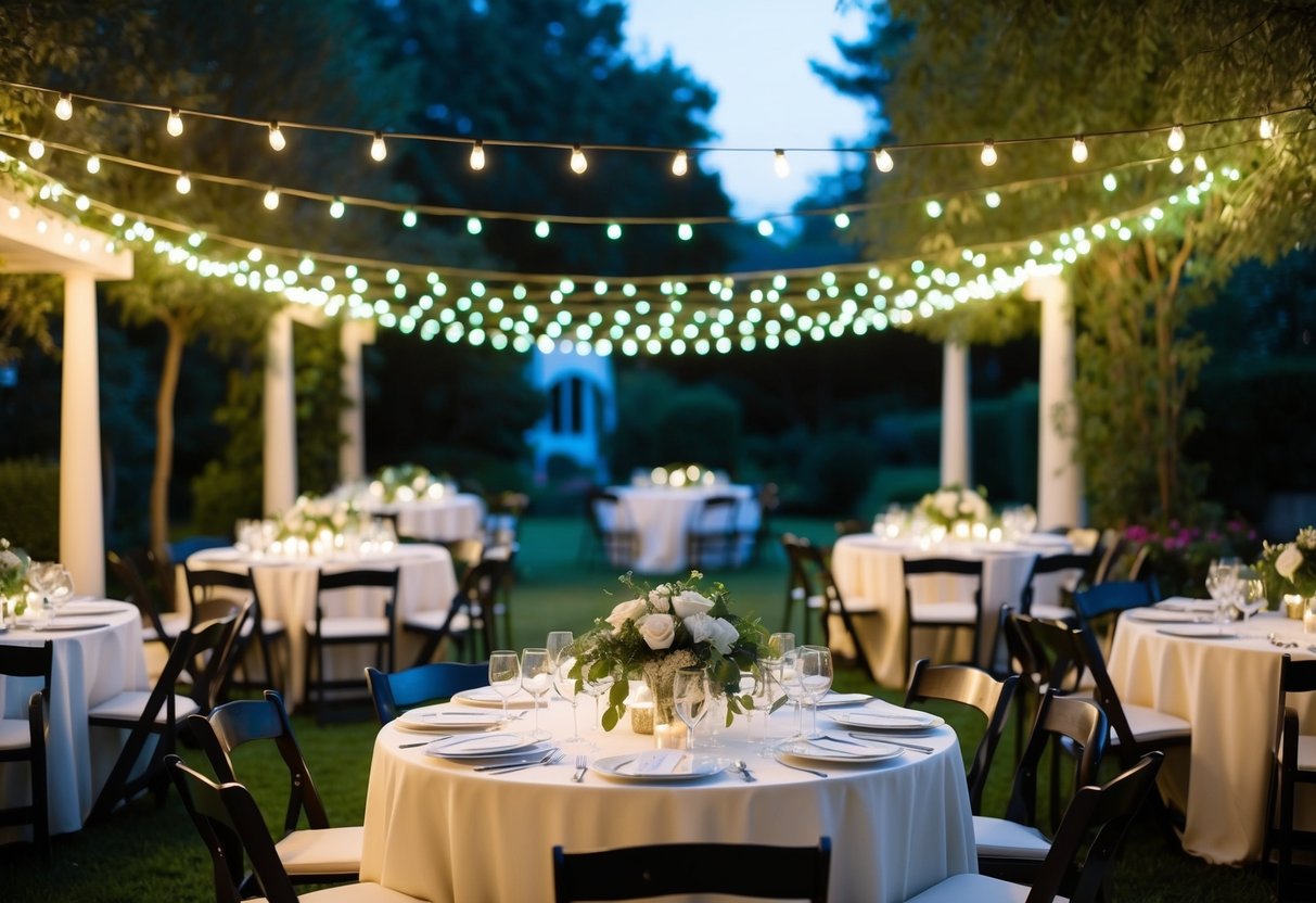 A dimly lit outdoor garden with twinkling lights and tables set for a wedding reception at 7pm
