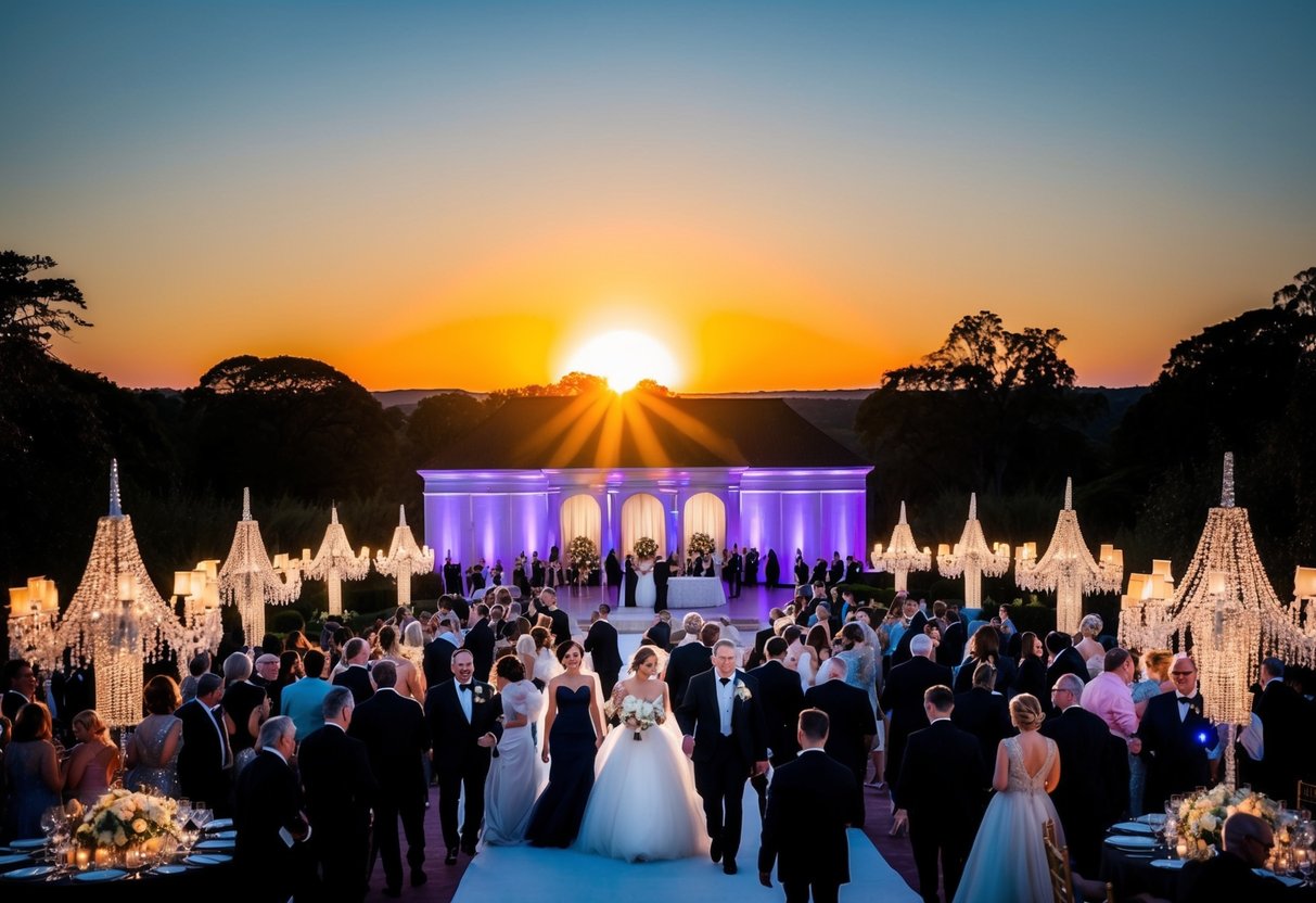The sun sets behind a grand ballroom with twinkling lights and elegant decor, as guests arrive for a 7pm wedding reception