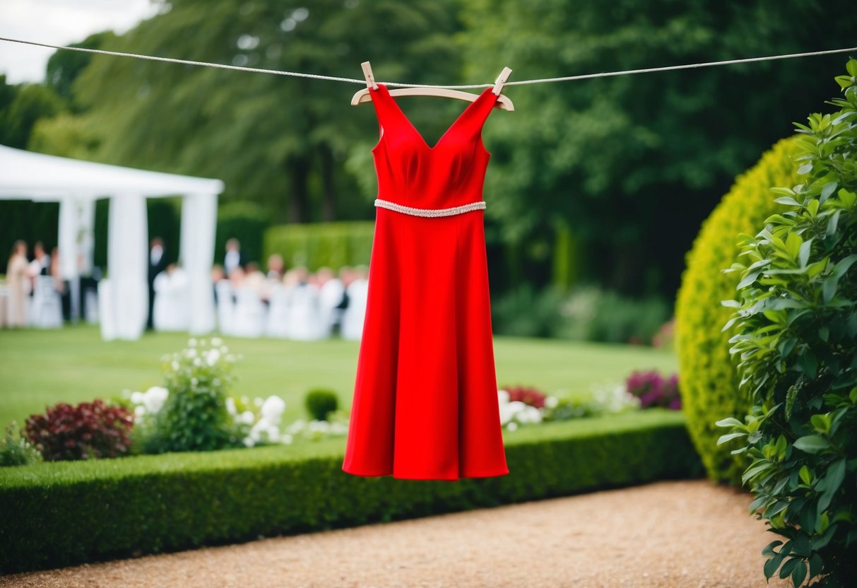A vibrant red dress hanging on a clothesline in a lush garden setting, with a wedding venue in the background