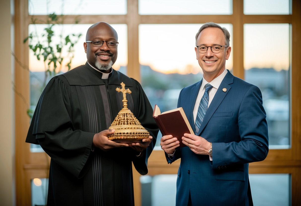 A celebrant and a humanist stand side by side, each holding a unique symbol of their respective beliefs. The celebrant holds a ceremonial object while the humanist holds a book or other secular item
