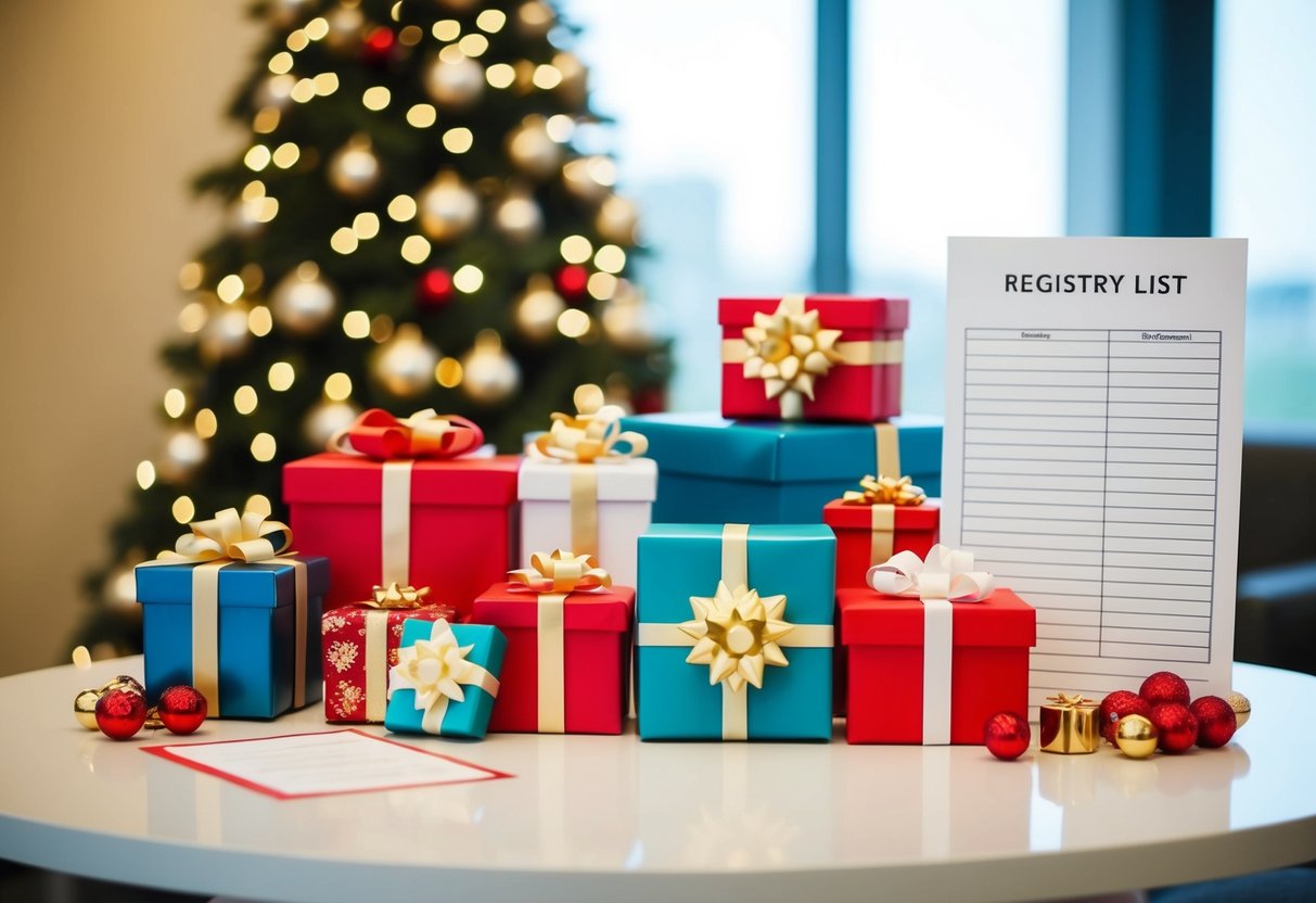A table with neatly arranged gifts, a registry list nearby