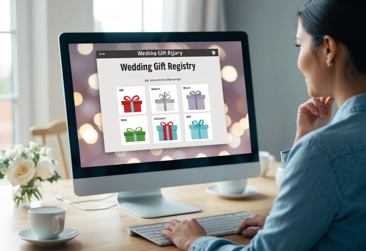 A person looking at a wedding gift registry on a computer screen, with various gift options displayed and a thoughtful expression on their face