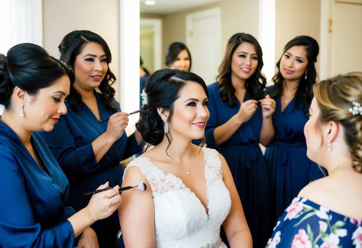 A group of women getting ready for a wedding, with the bride patiently waiting for her turn for makeup