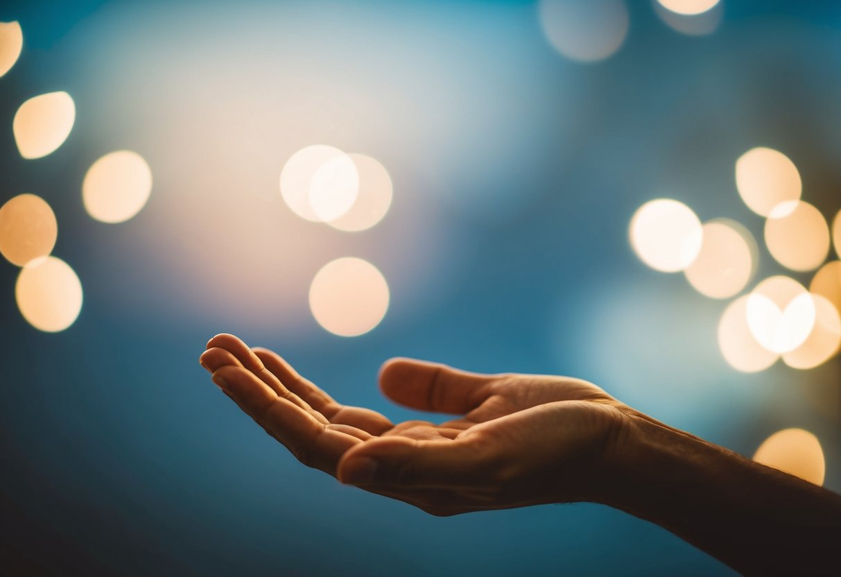 A figure extends an open palm towards another, gesturing a request