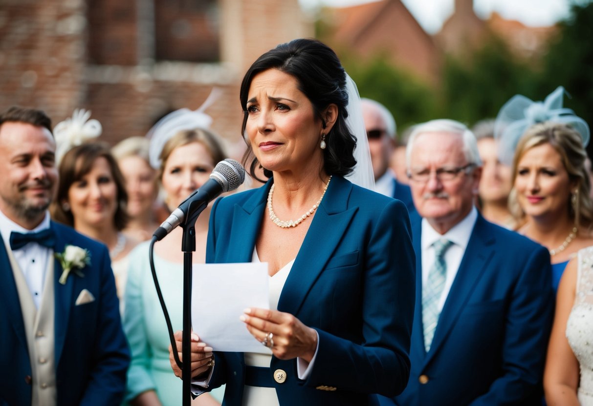 A woman stands at a microphone, surrounded by wedding guests, holding a piece of paper. She looks emotional, but determined