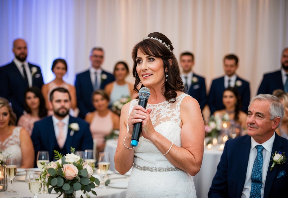 A mother stands at a wedding reception, surrounded by family and friends. She holds a microphone, preparing to deliver a speech with a mix of nervousness and pride