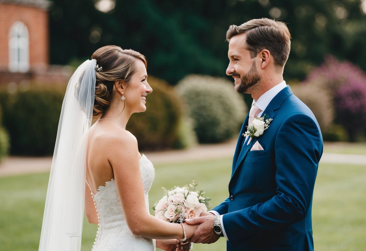A wedding scene with a bride standing on the left side of the groom
