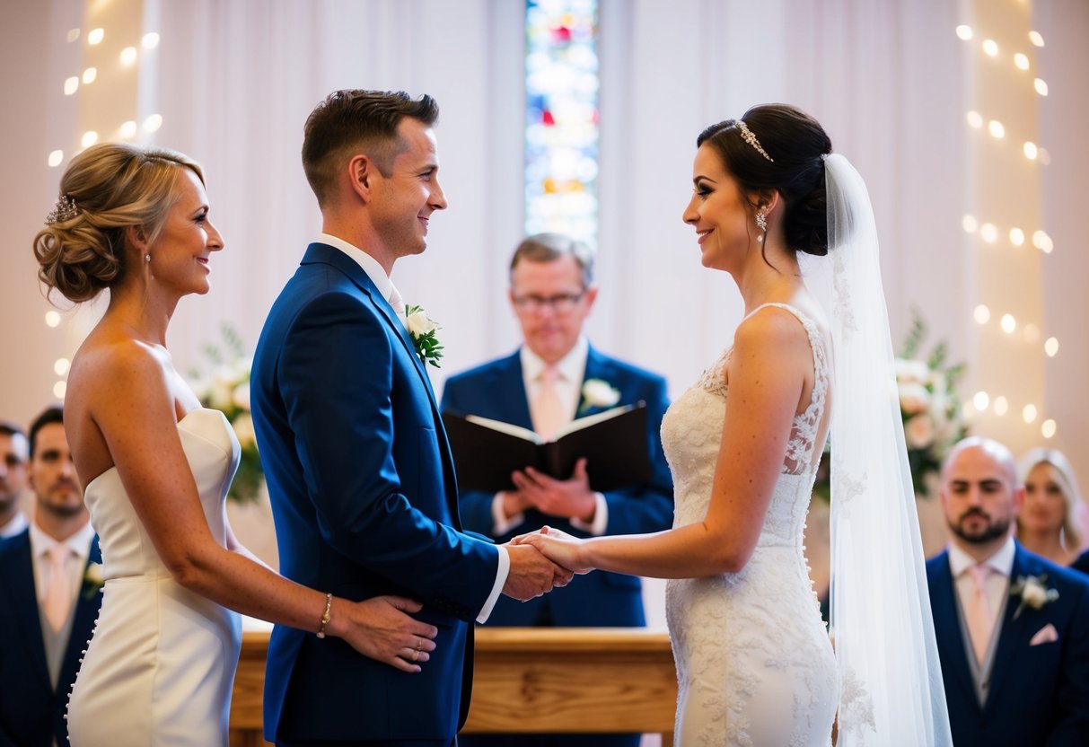 A bride and groom stand at the altar, facing each other. The bride is positioned on the left side of the groom, as they exchange vows during the wedding ceremony