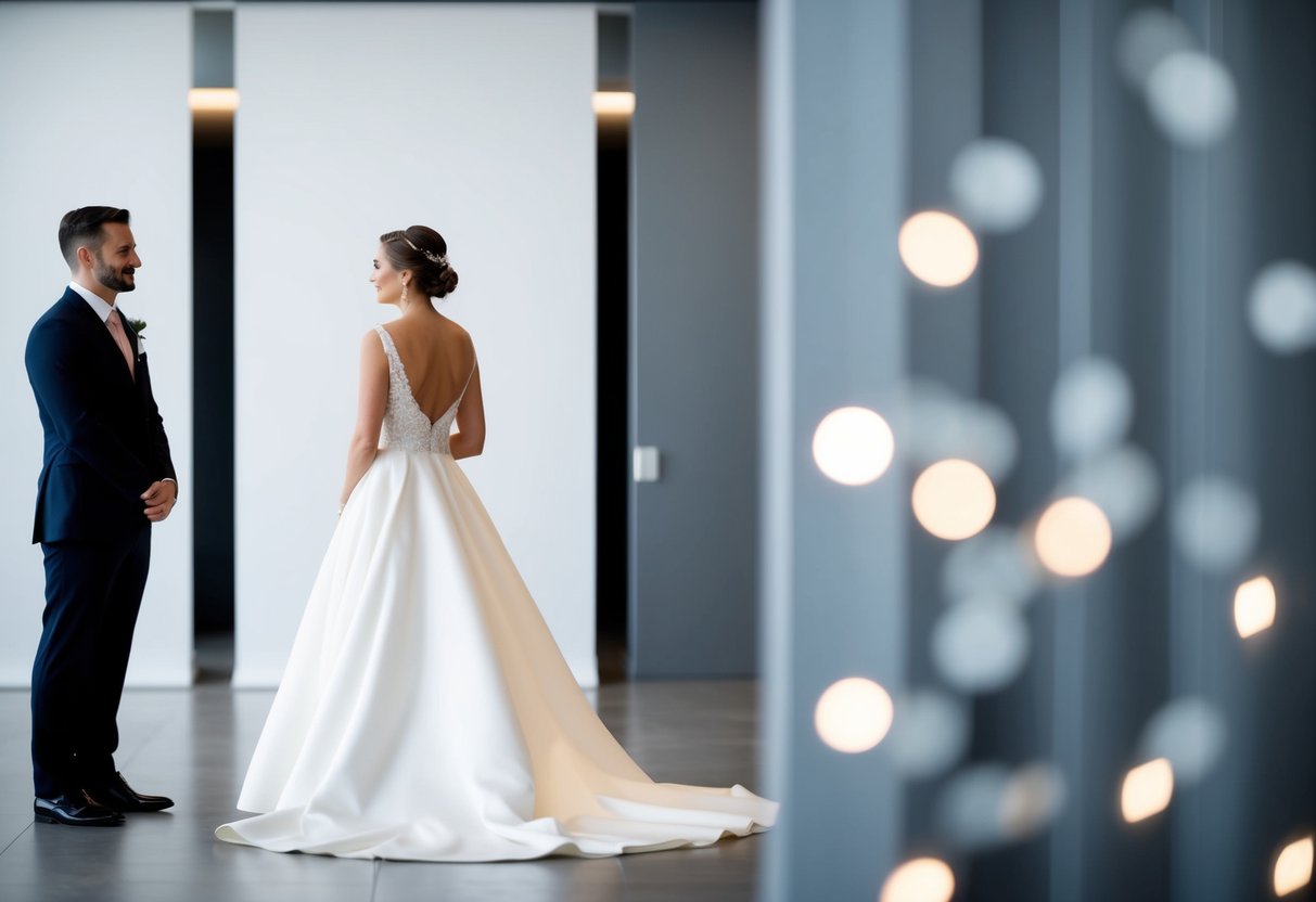A modern bride stands on the left side of a groom, facing a contemporary backdrop with minimalist decor
