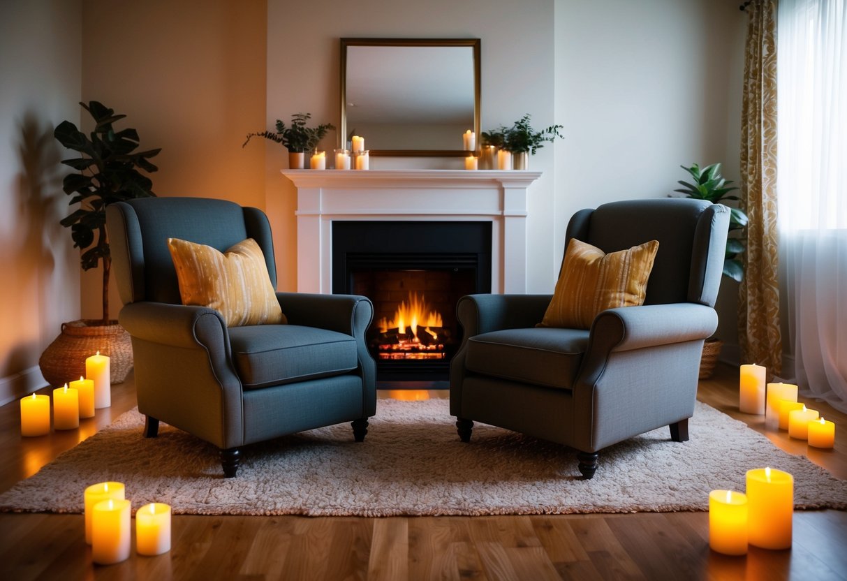 A cozy living room with two comfortable chairs facing each other, surrounded by candles and a warm, glowing fireplace