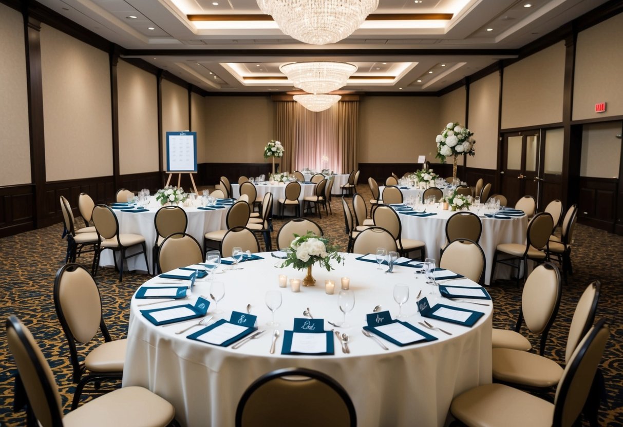 Round tables arranged in a spacious reception hall, with place cards indicating seating assignments. A floor plan displayed on an easel for reference