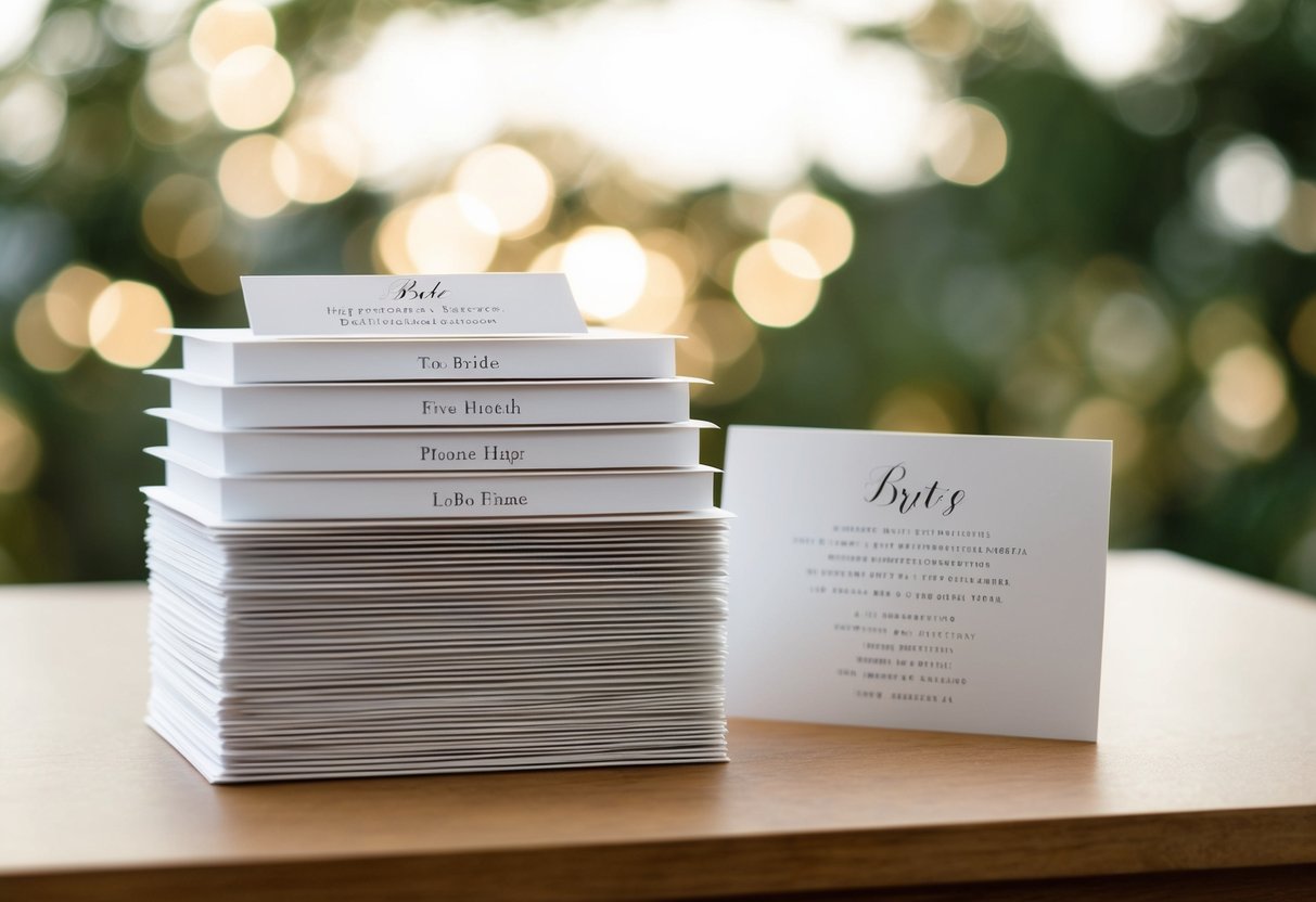 A stack of elegant pre-wedding and post-wedding stationery, with the bride's name listed first on each piece