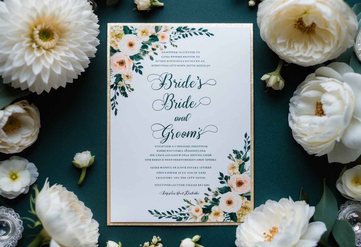 A wedding invitation with the bride's name listed before the groom's, surrounded by elegant floral decorations and intricate calligraphy