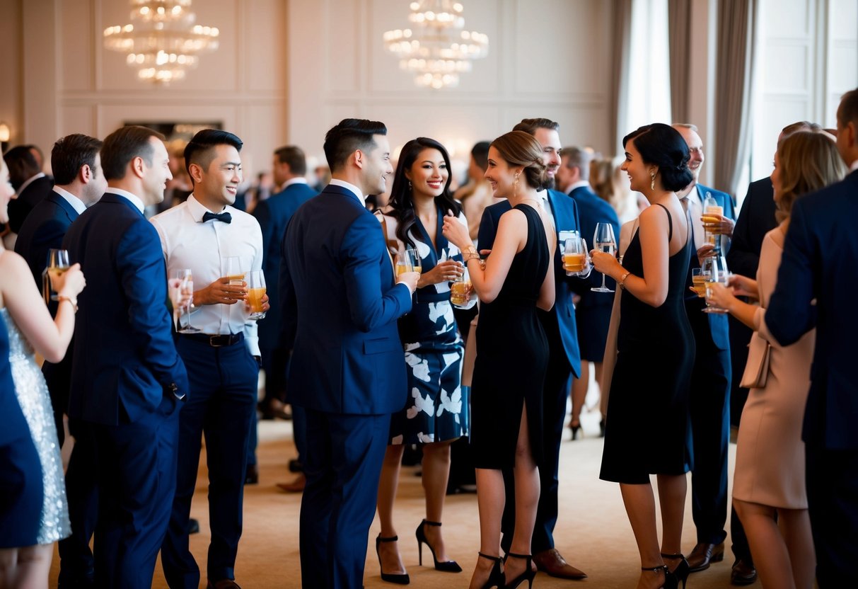 Guests in elegant attire mingle in a stylish venue, sipping drinks and chatting. Men wear suits or dress shirts with slacks, while women don cocktail dresses or chic separates