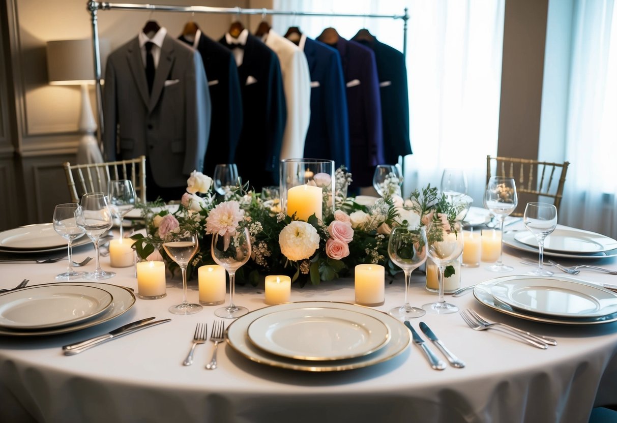A table set with elegant dinnerware, surrounded by softly lit candles and floral centerpieces. A rack of stylish attire, including suits and dresses, displayed in the background