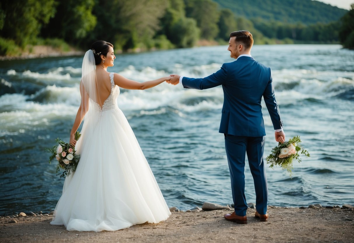 A bride and groom stand on opposite sides of a flowing river, reaching out to each other with flowers in hand