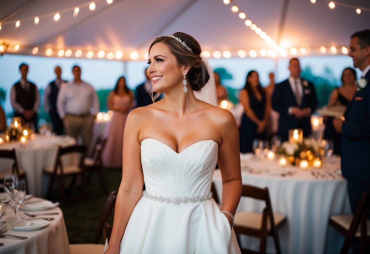 A bride wearing a white dress at a candlelit rehearsal dinner