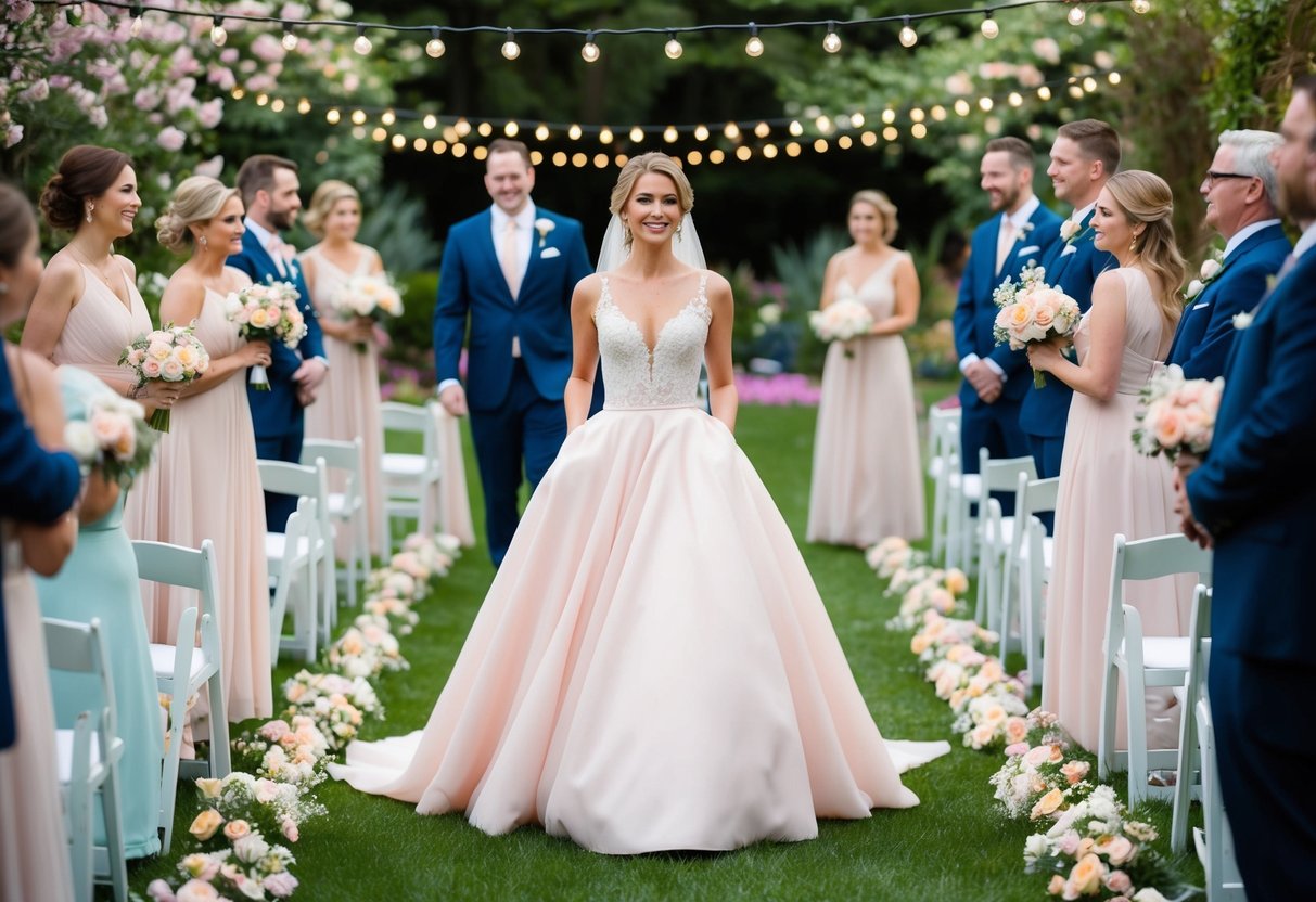 A bride wearing a blush pink gown stands in a garden adorned with pastel flowers and twinkling lights, surrounded by her wedding party