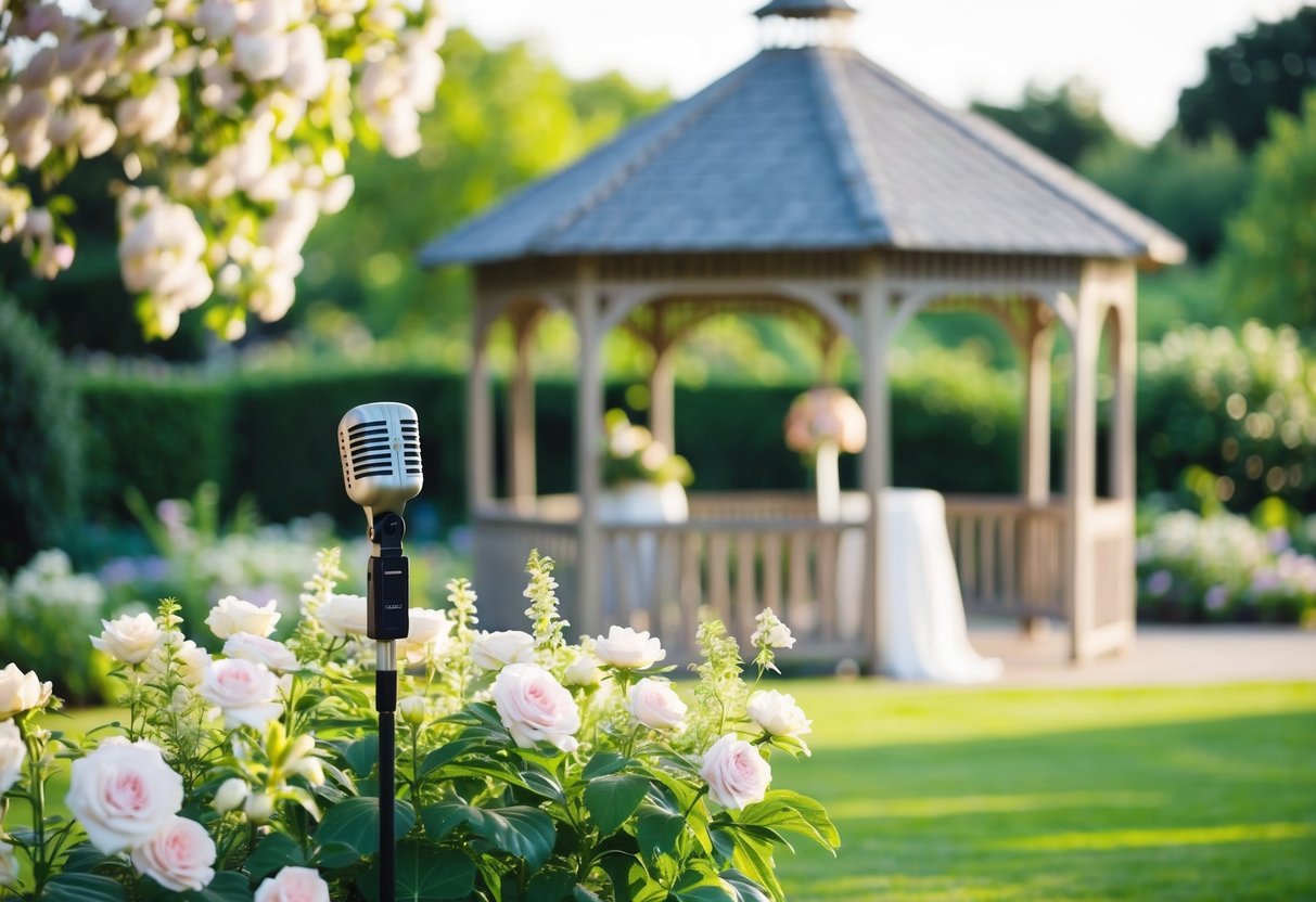 A serene garden with blooming flowers and a softly lit gazebo, where a microphone stands ready for a heartfelt wedding speech