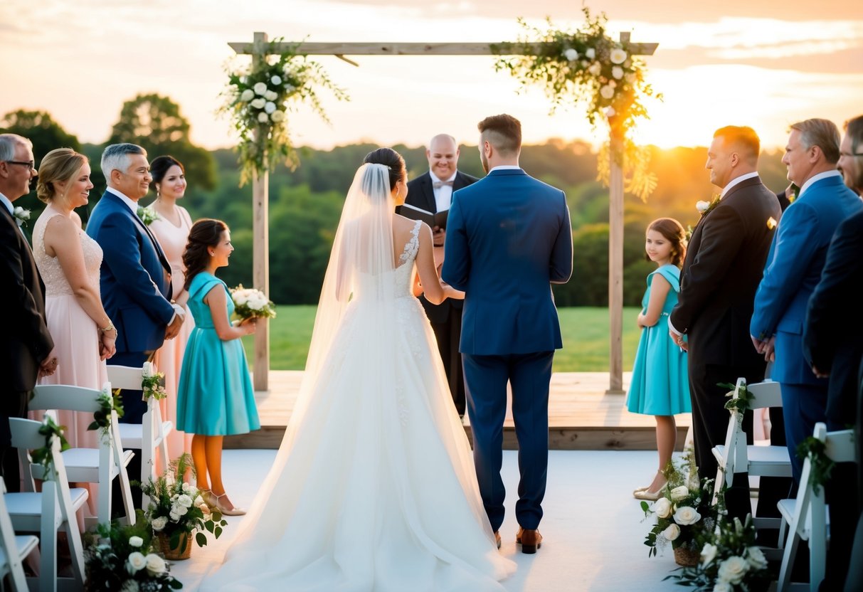 A bride and groom stand at the altar, surrounded by family and friends. The sun sets behind them, casting a warm glow over the scene