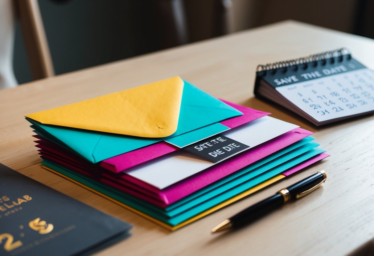 A stack of colorful envelopes with save the date cards, a calendar, and a pen on a table