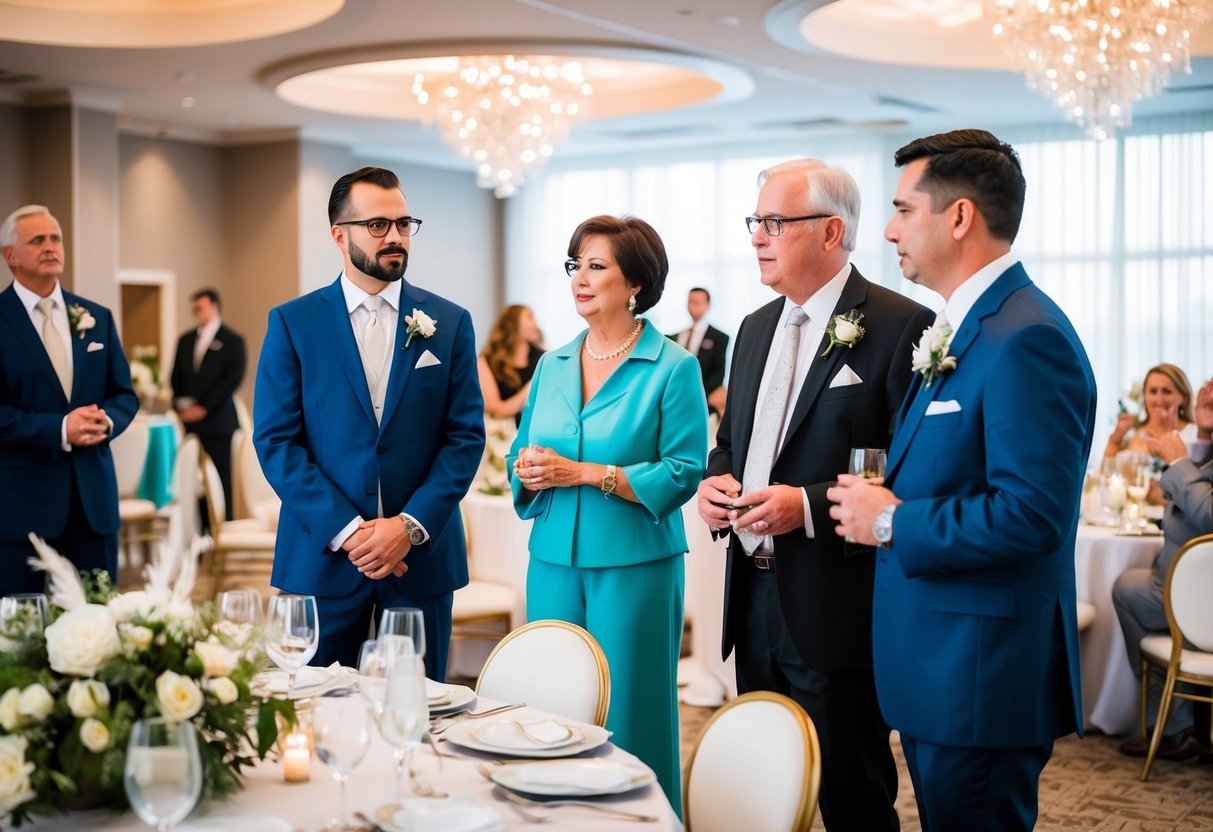 The groom's parents oversee the reception decor, seating arrangements, and guest accommodations for the wedding ceremony and reception
