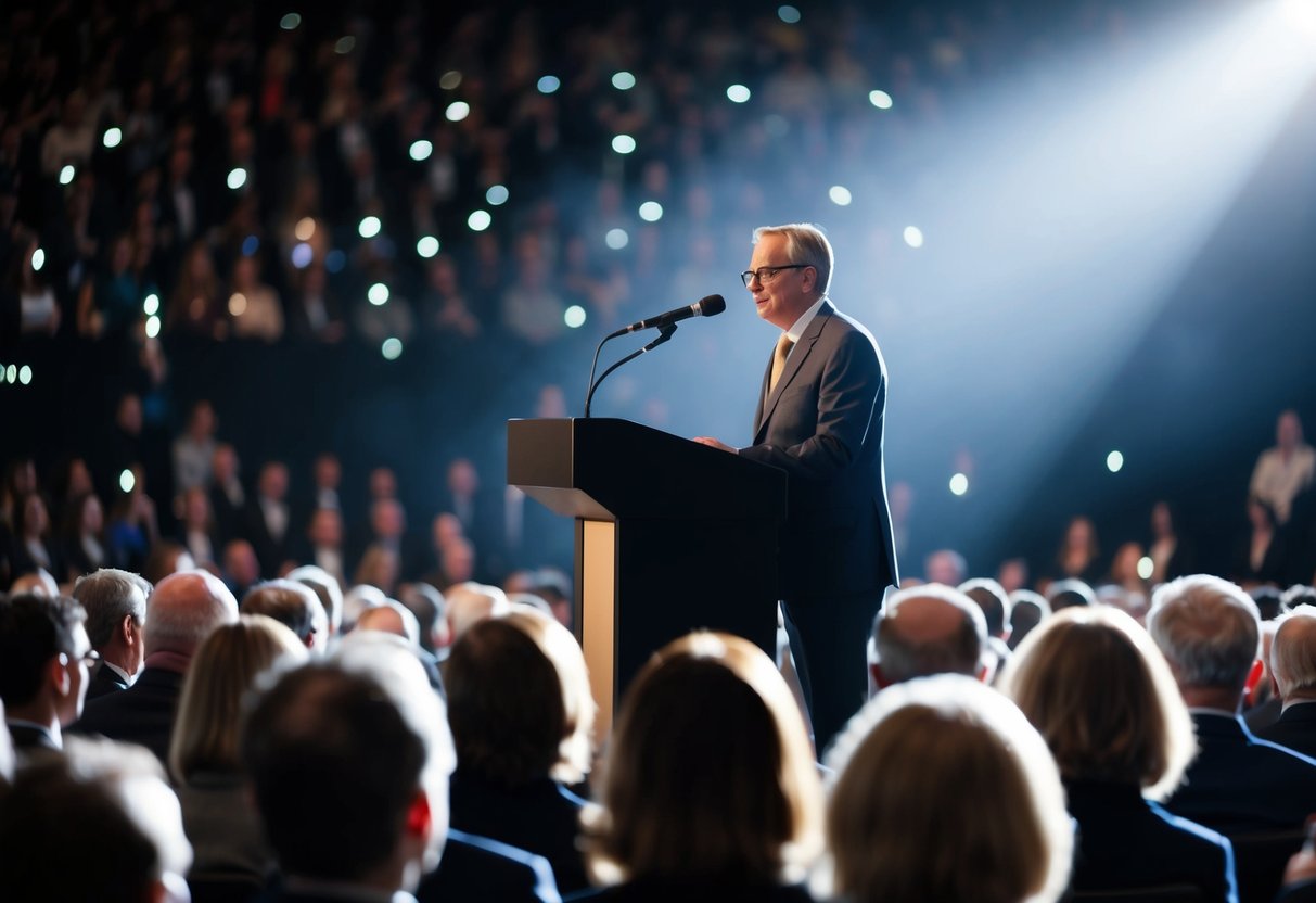 A podium with a microphone and a spotlight, surrounded by a hushed audience