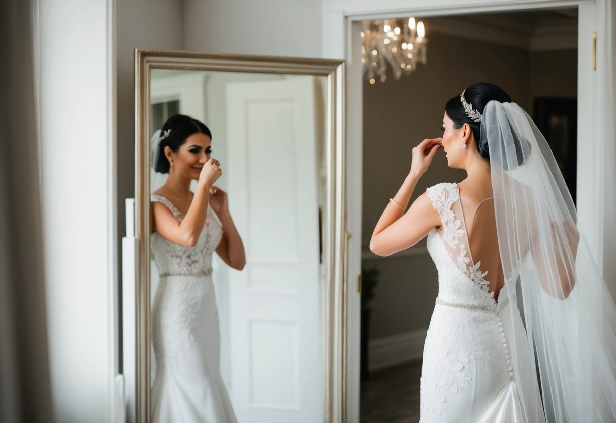 A bride wearing a white, flowing wedding dress with a subtle lace pattern, standing in front of a full-length mirror adjusting her veil