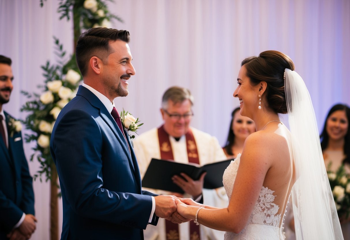 A wedding officiant stands at the altar, speaking with confidence and warmth as they lead the ceremony and unite the couple in marriage