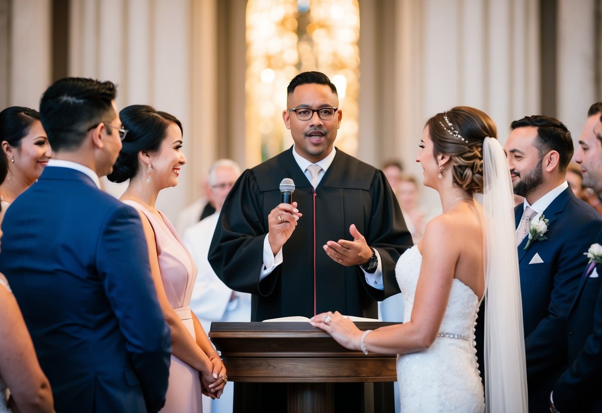 An officiant stands at the altar, speaking to the couple and guests, as they exchange vows and rings during the wedding ceremony