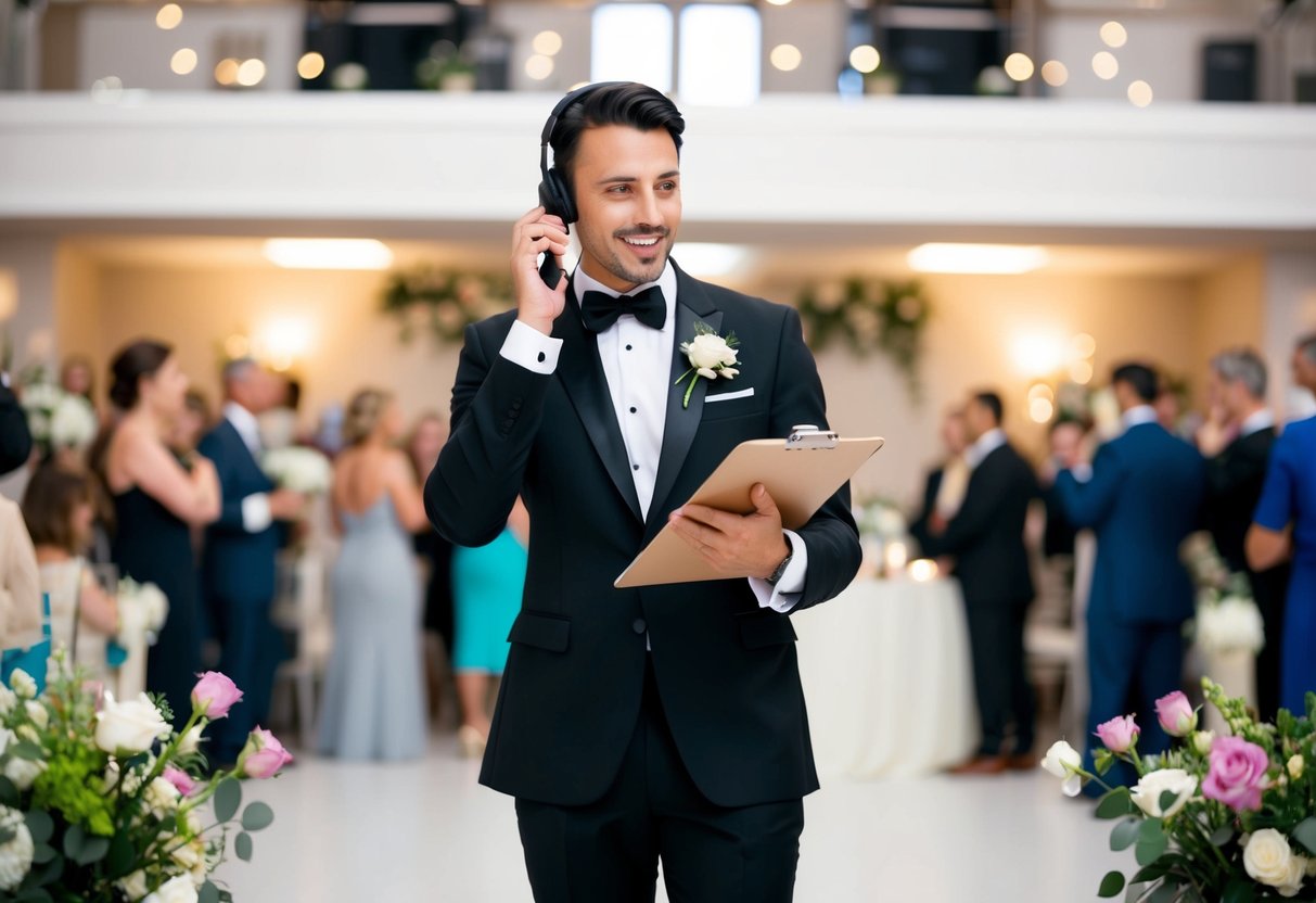 A wedding planner in a sleek black suit, holding a clipboard and talking on a headset, stands in a bustling reception hall filled with flowers and decorations