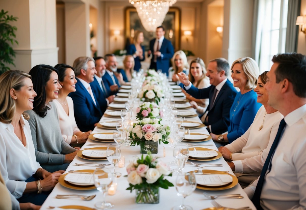 A long dining table adorned with elegant place settings and centerpieces, surrounded by family and friends engaged in lively conversation and laughter