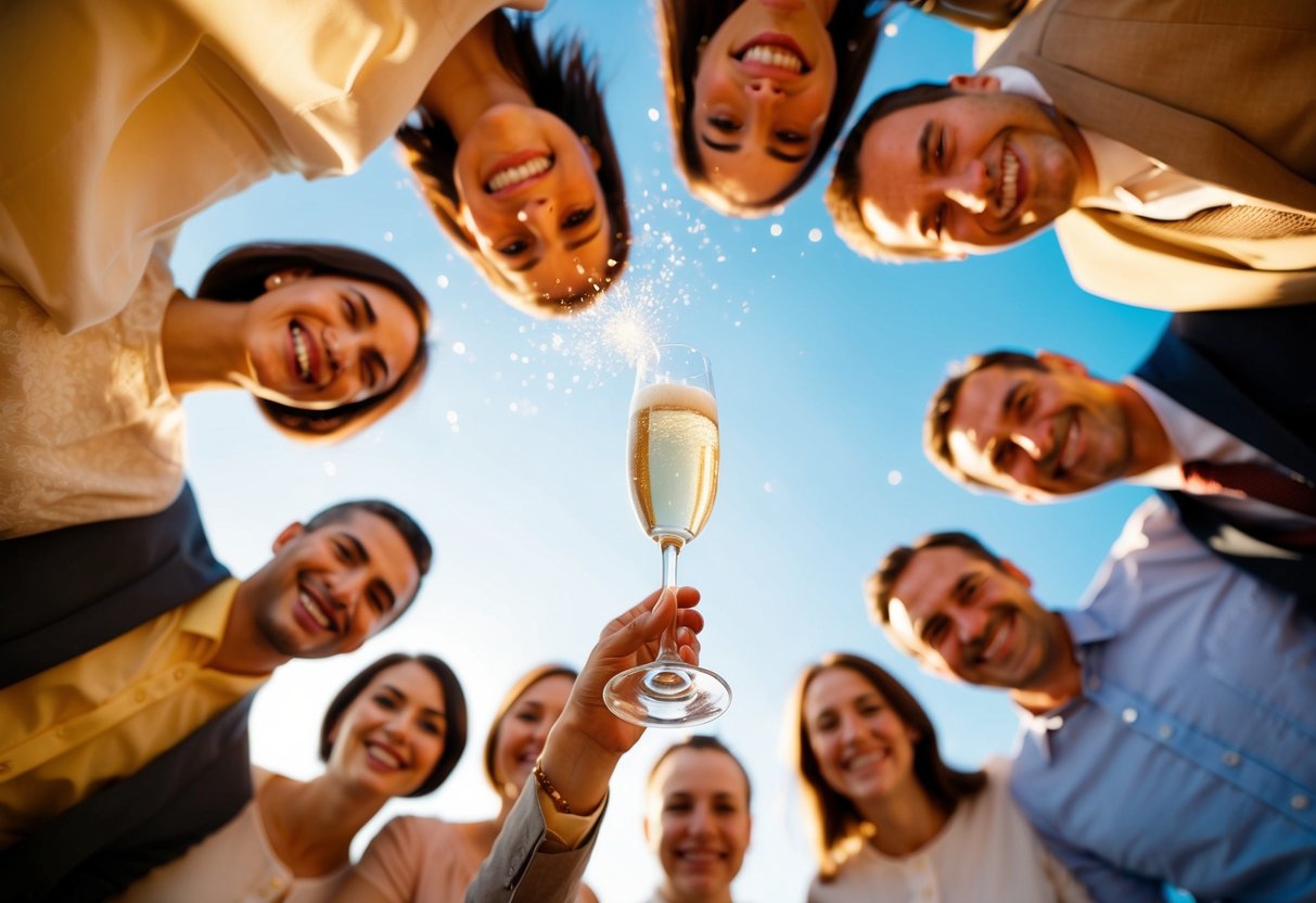 A champagne glass raised in celebration amidst a circle of smiling faces