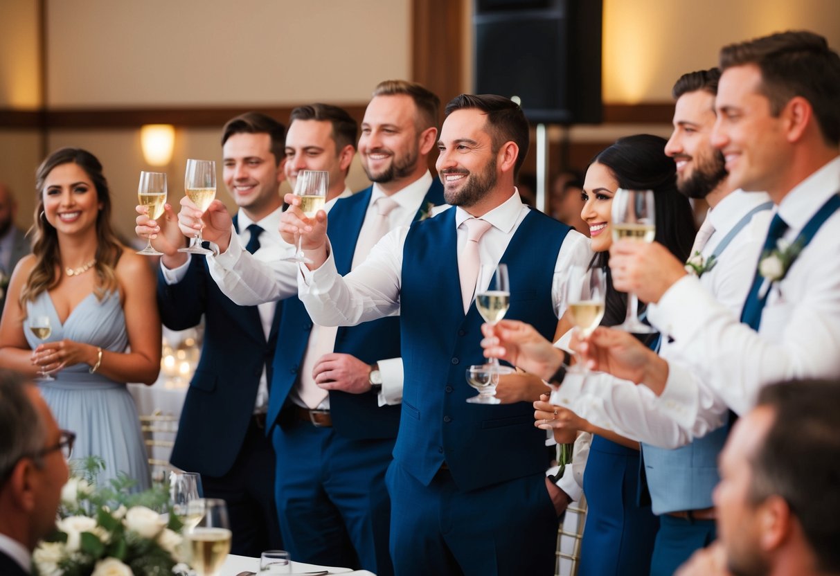 A group of guests raise their glasses, smiling and listening to a speaker at a wedding reception