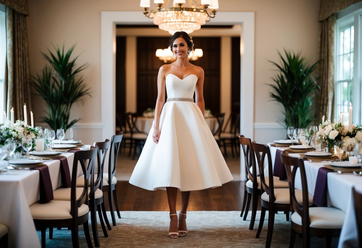 A bride wearing a stylish, elegant dress and heels, standing in a beautifully decorated dining room with a table set for a rehearsal dinner