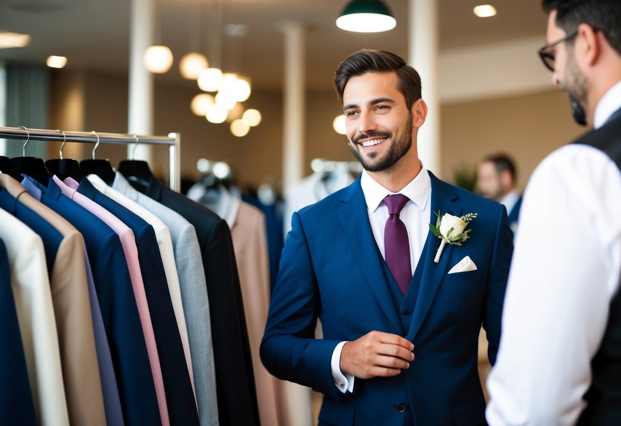 A guest selecting a formal outfit in a variety of wedding-appropriate colors