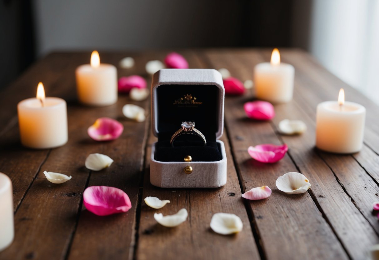 A ring box placed on a rustic wooden table, surrounded by scattered rose petals and softly glowing candles
