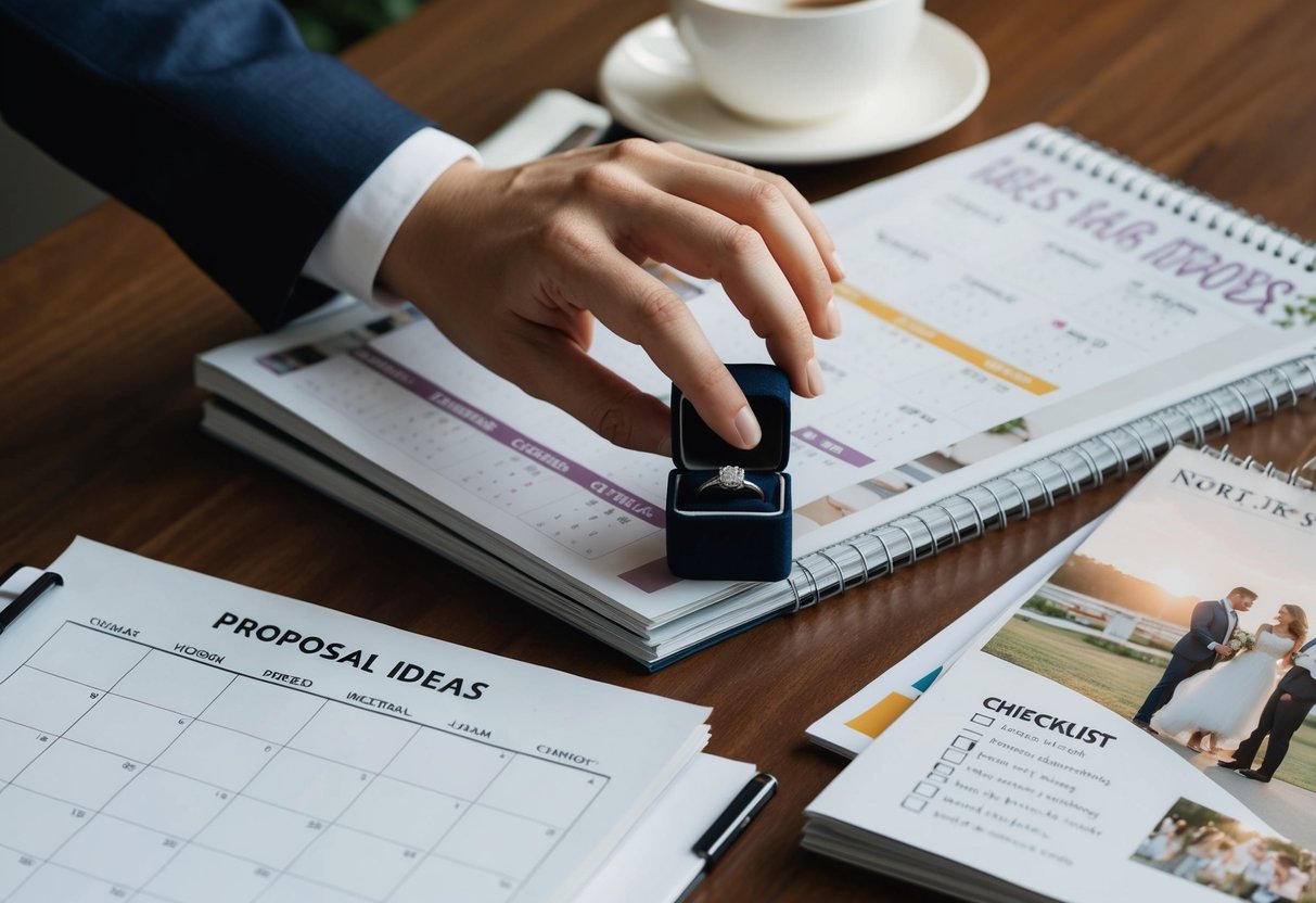 A hand holding a ring box, surrounded by a calendar, wedding magazines, and a checklist of proposal ideas
