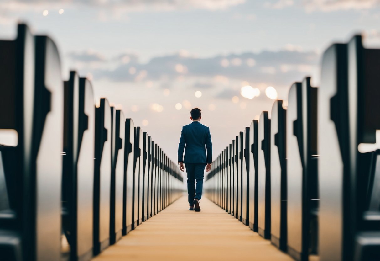 A solitary figure strolls down the seemingly endless aisle, disappearing into the hazy distance