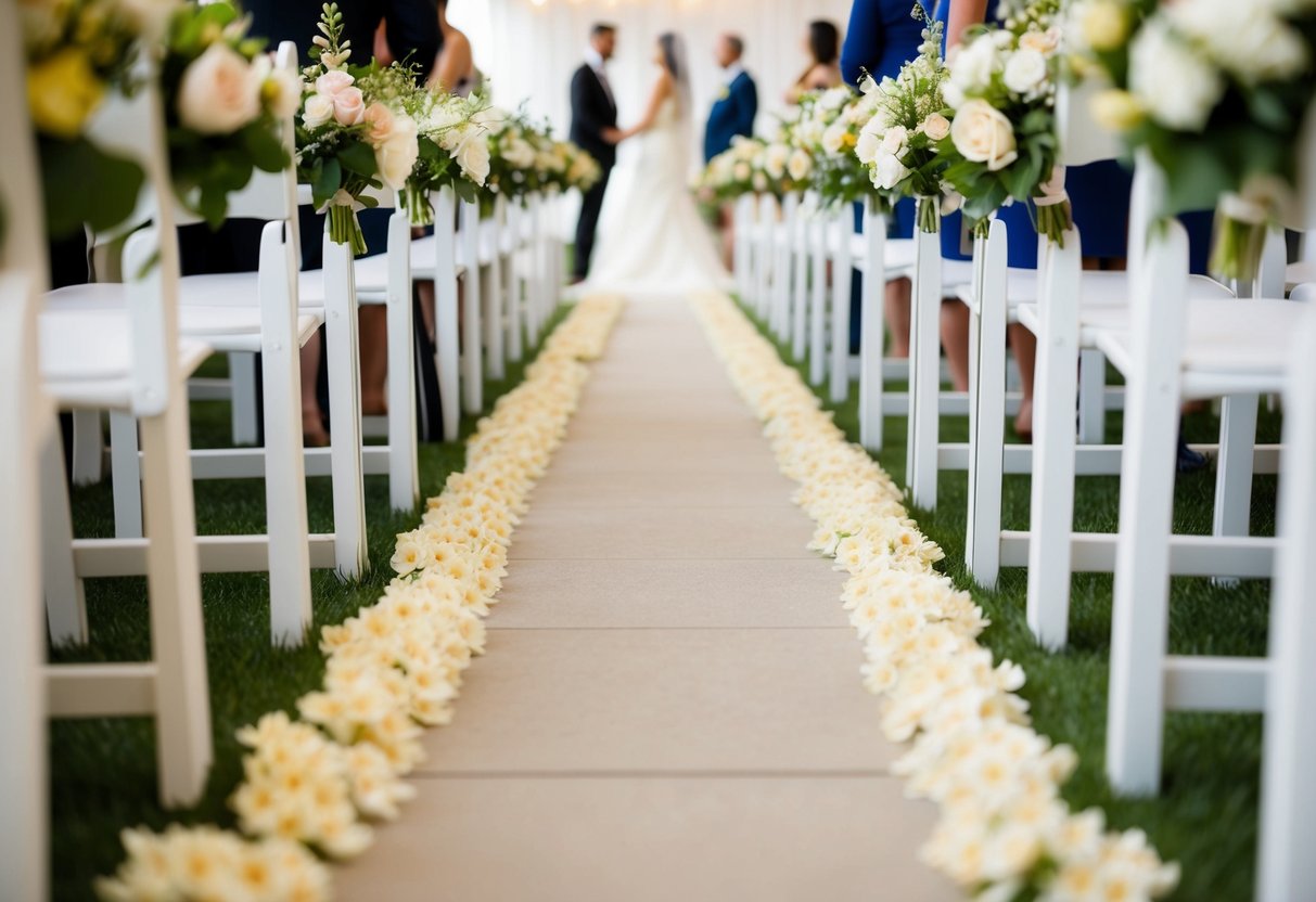 A flower-lined aisle stretches out ahead, leading to a focal point at the end