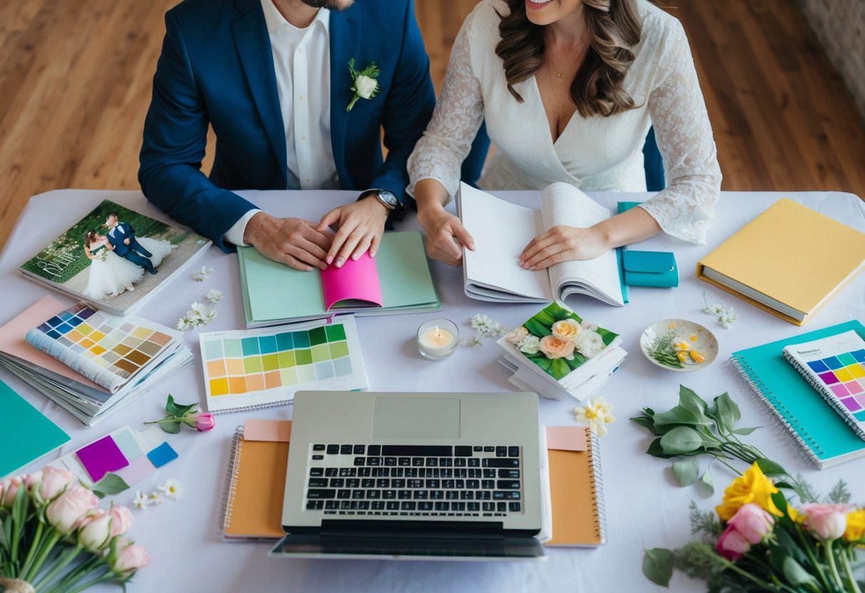 A couple sits at a table covered in wedding magazines, notebooks, and a laptop. They are surrounded by color swatches, flower samples, and a budget spreadsheet