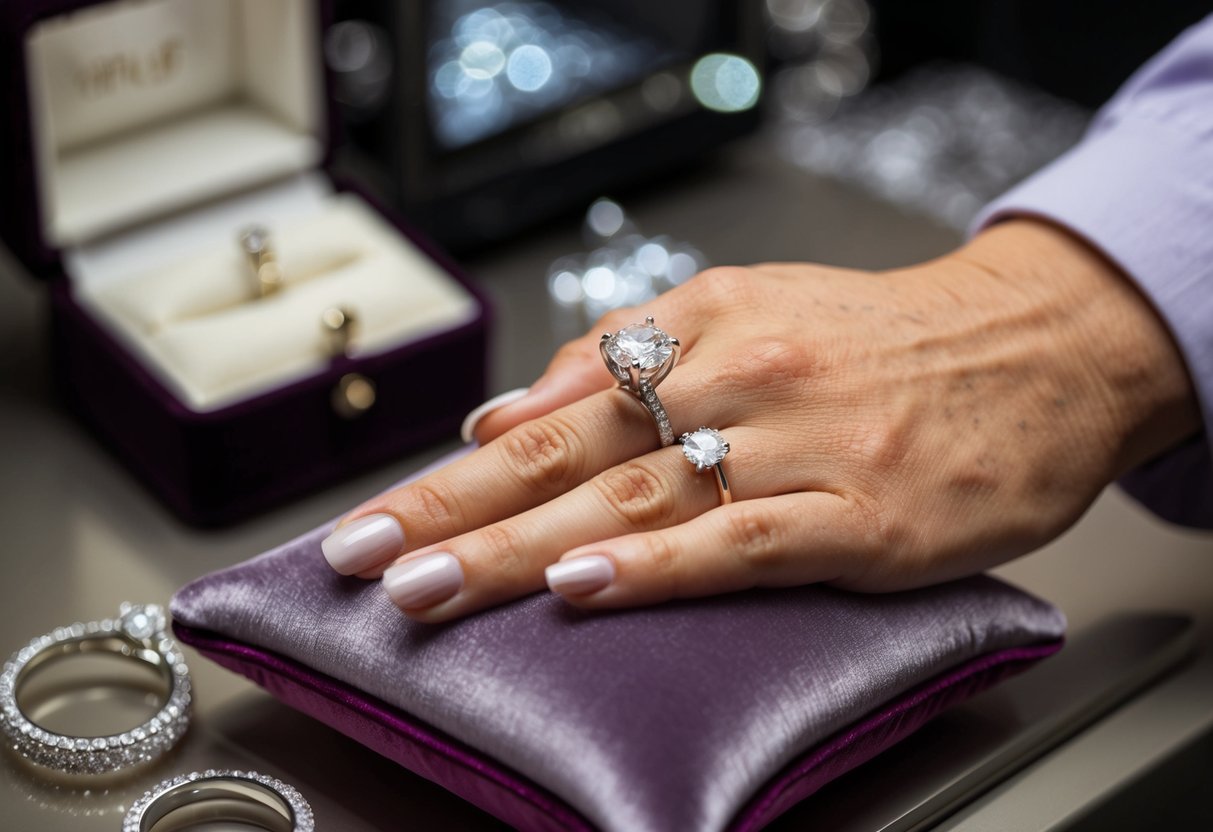 A jeweler's hand holds an elegant engagement ring, surrounded by sparkling diamonds and displayed on a plush velvet cushion