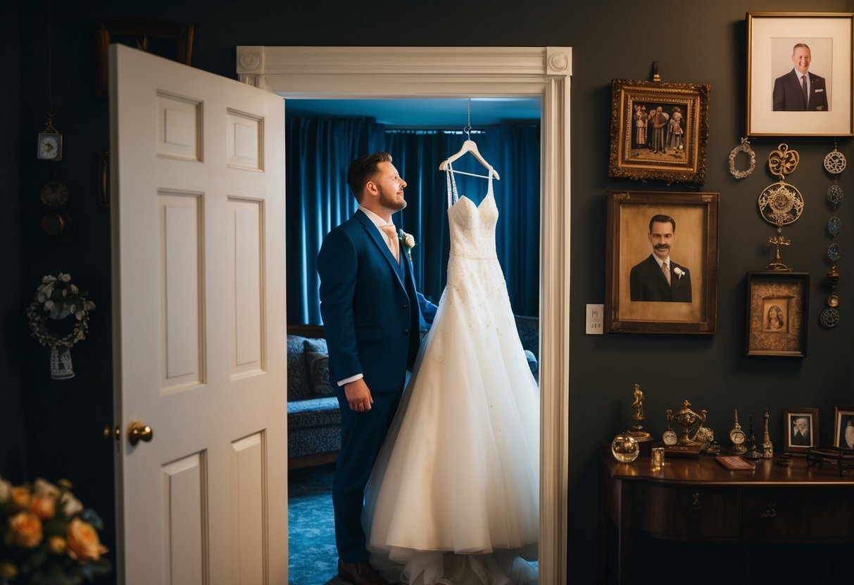 A groom accidentally sees the bride's dress hanging in a dimly lit room, surrounded by old family heirlooms and symbols of good luck