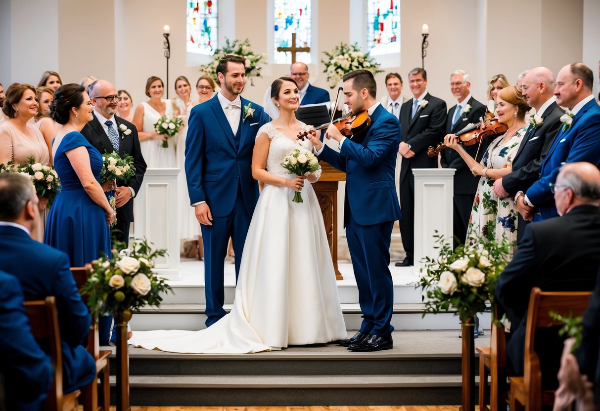 A bride and groom stand at the altar, surrounded by family and friends. A musician plays a violin, while a wedding coordinator gestures discreetly for the next song to begin