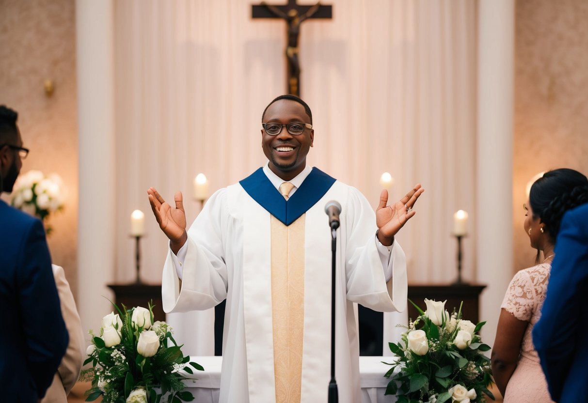 A celebrant stands at the altar, leading the wedding ceremony with a warm smile, speaking confidently and gesturing with grace