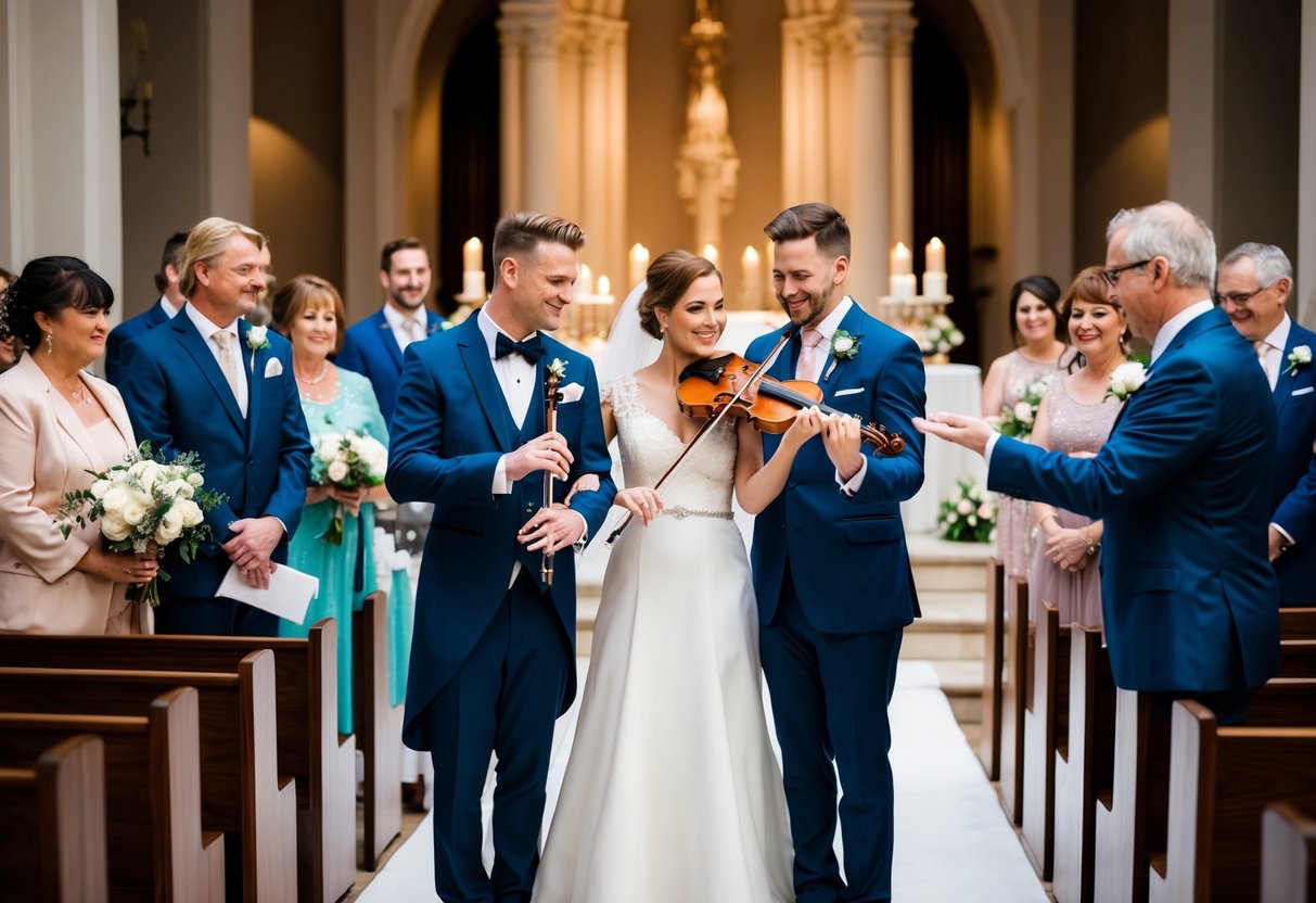 A bride and groom stand at the altar, surrounded by guests. A musician plays a violin, while a wedding planner gestures to indicate the ideal song duration